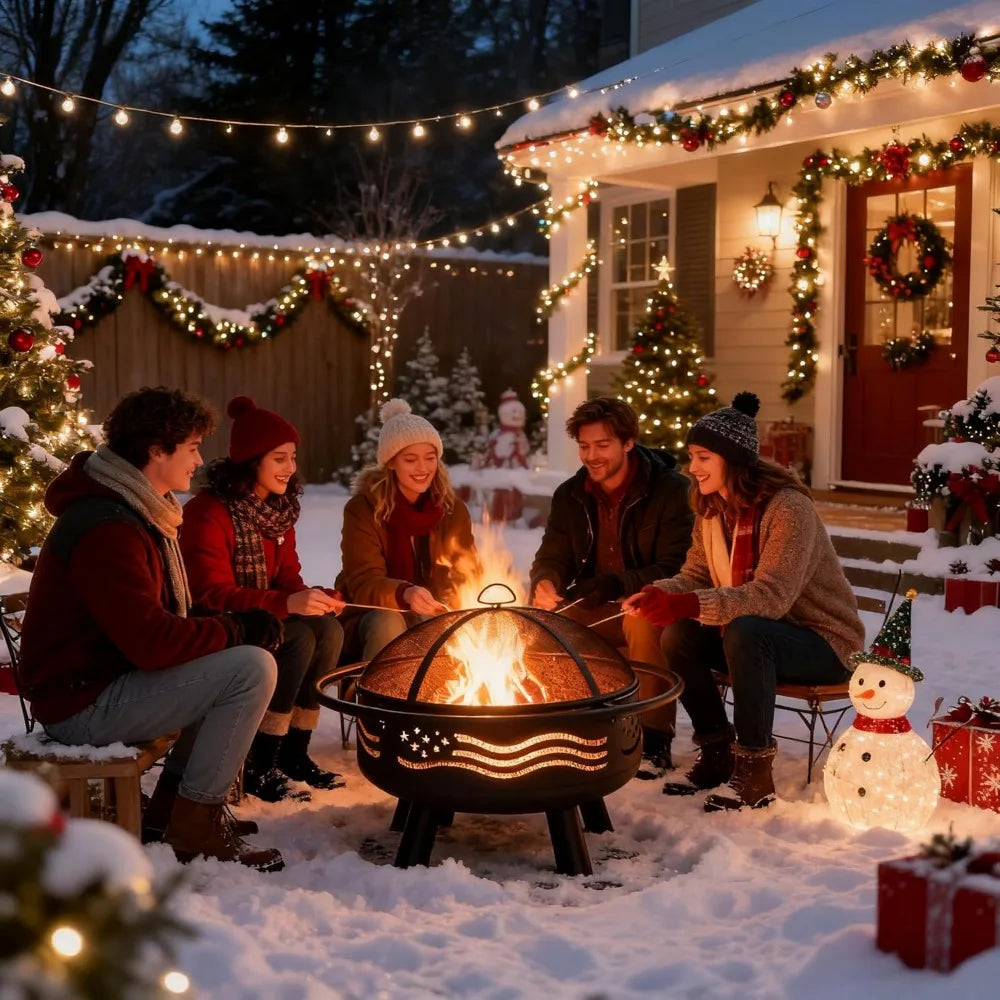 Flag Fire Pit with Mesh Cover & Poker - Round Metal Wood Burning Outdoor Firepit for Patio - ( Garden Backyard)