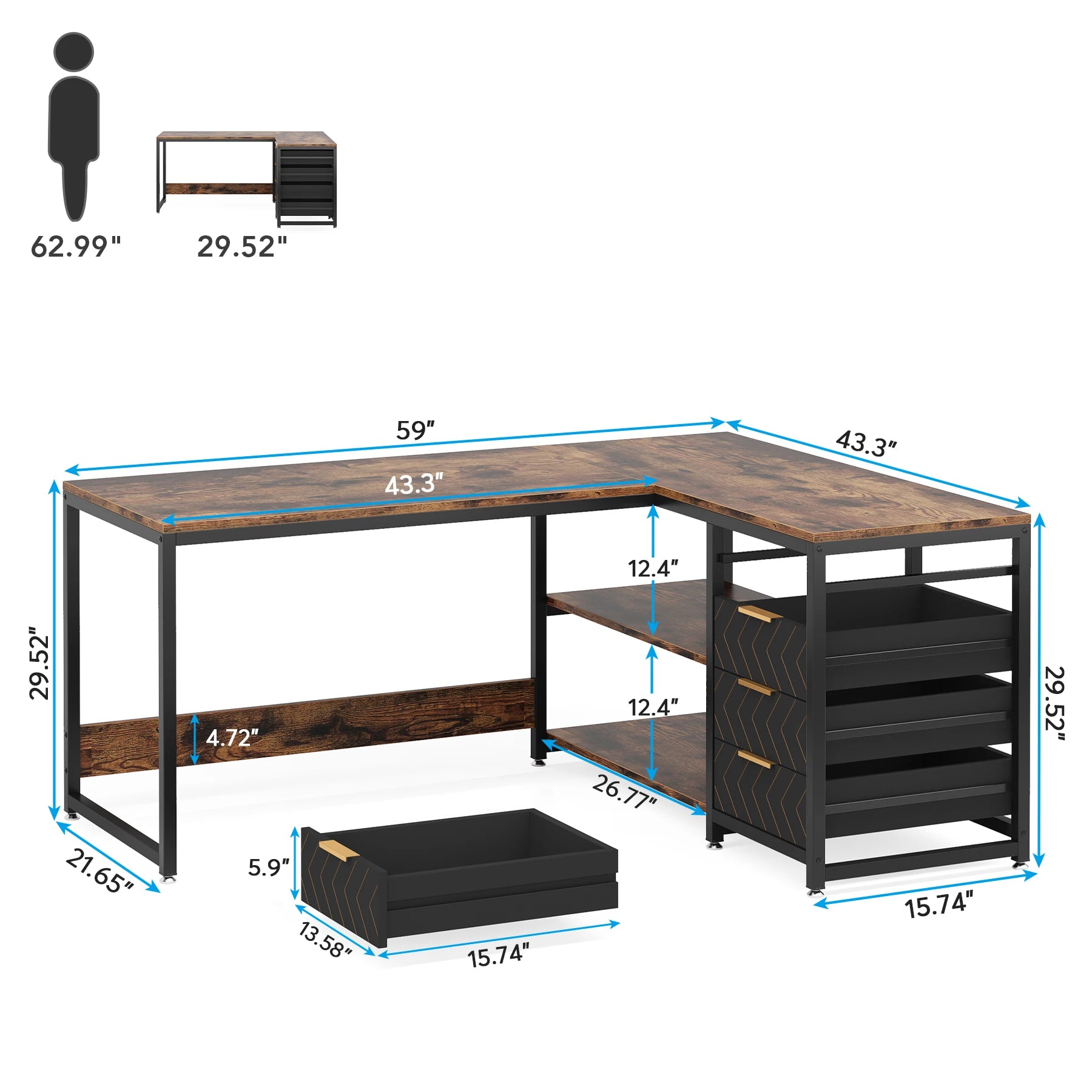 Tribesigns L Shaped Computer Desk with Storage Drawers, 59 inch Corner Desk with Shelves, Reversible L-Shaped Office Desk Study