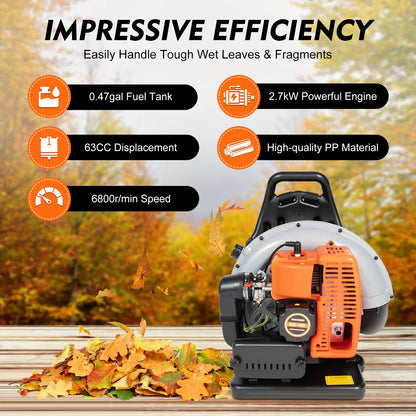 2700W Backpack Leaf Blower 63CC 2 Stroke Gas Powered Leaf Blowers W/ 1.8L Fuel Tank, Air Cooling Gasoline Grass Blower for Yard