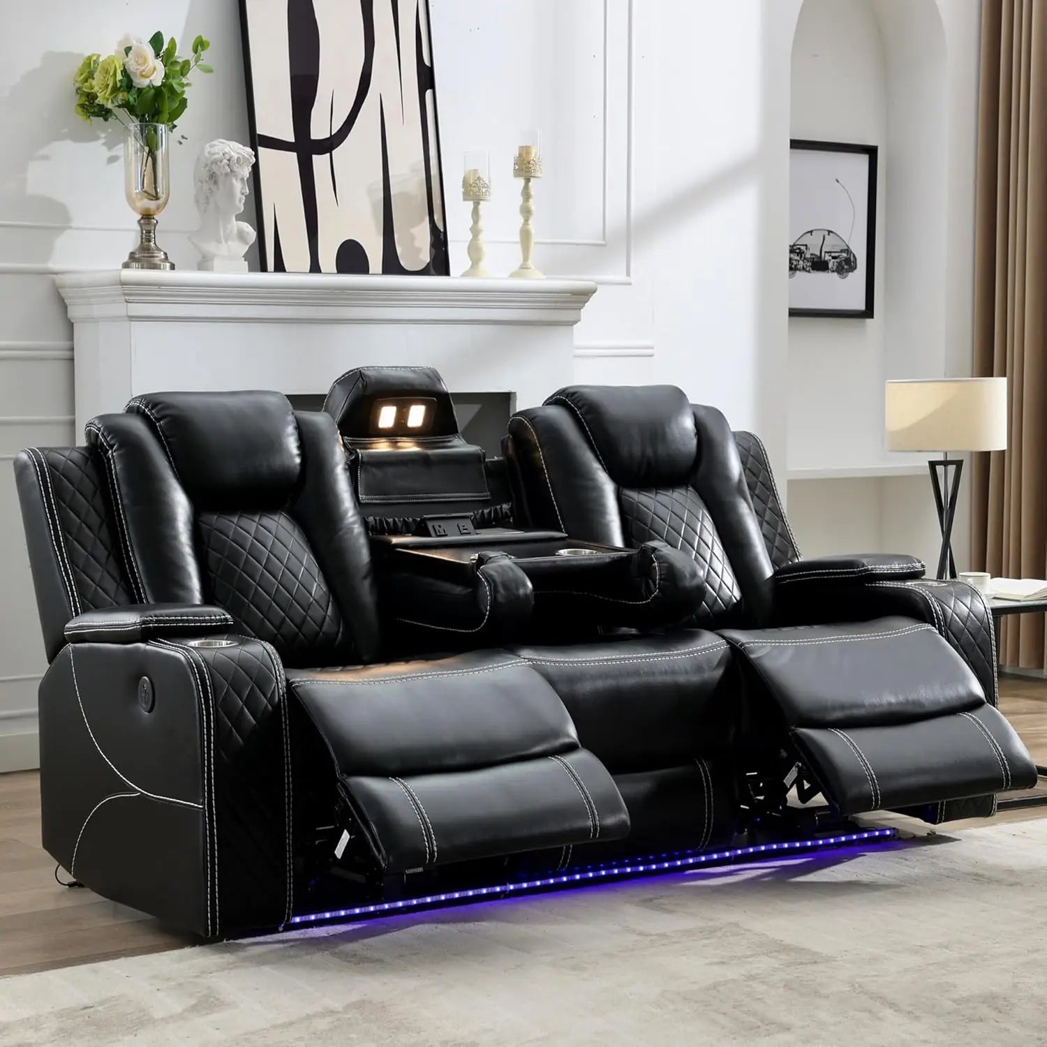 Power Reclining Sofa 0 Gravity w/ Wireless Charger,LED Floor Lights,Reading Light, Drop-down Table USB/Type-C Port(070)