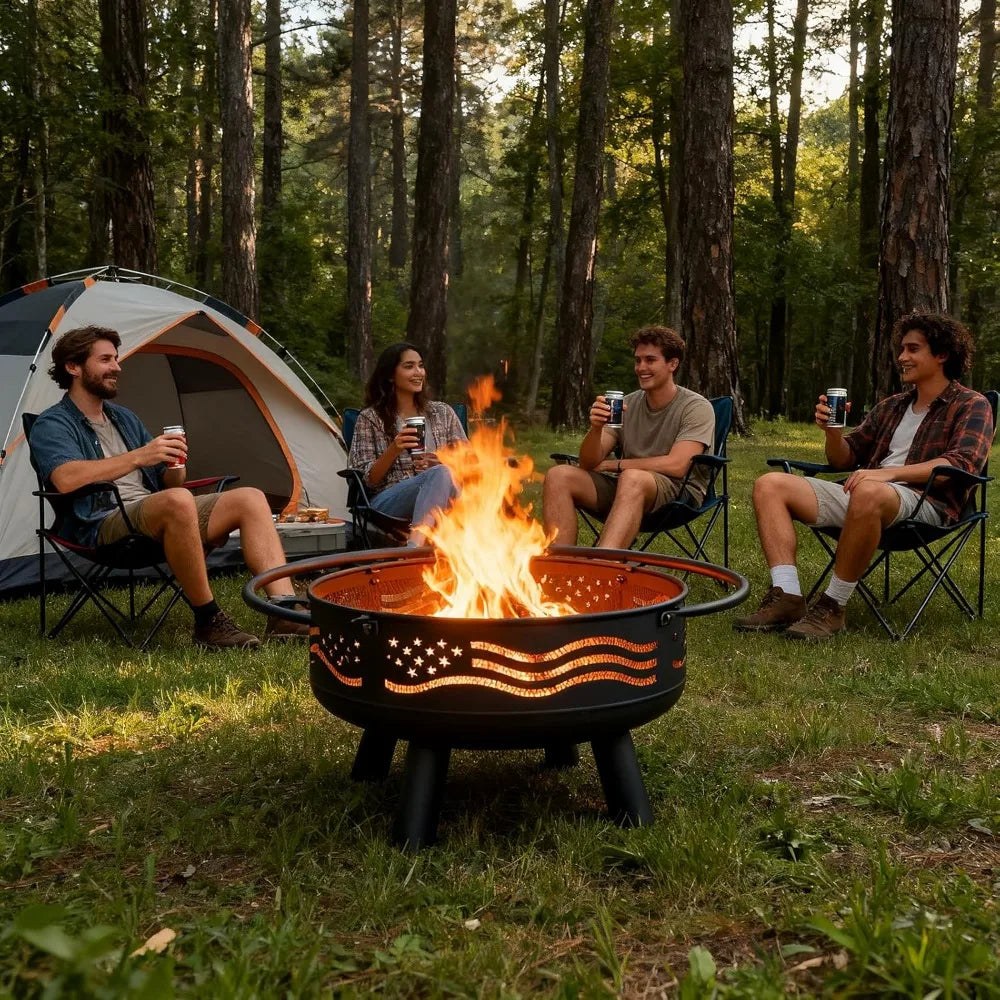 Flag Fire Pit with Mesh Cover & Poker - Round Metal Wood Burning Outdoor Firepit for Patio - ( Garden Backyard)
