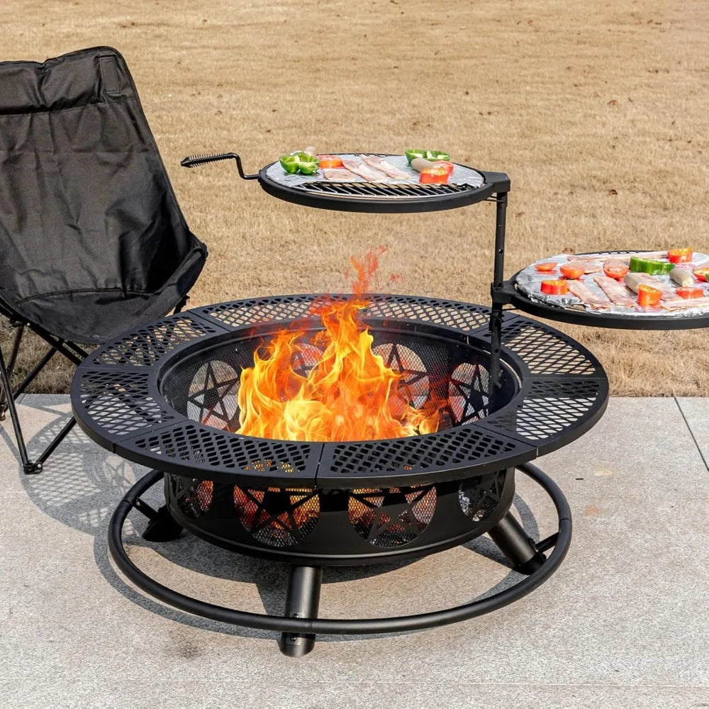 Fire Pit with Grills, Wood Burning Fire Pits for Outside with Lid & Poker, BBQ& Outdoor Firepit & Round Metal Table 3 in 1
