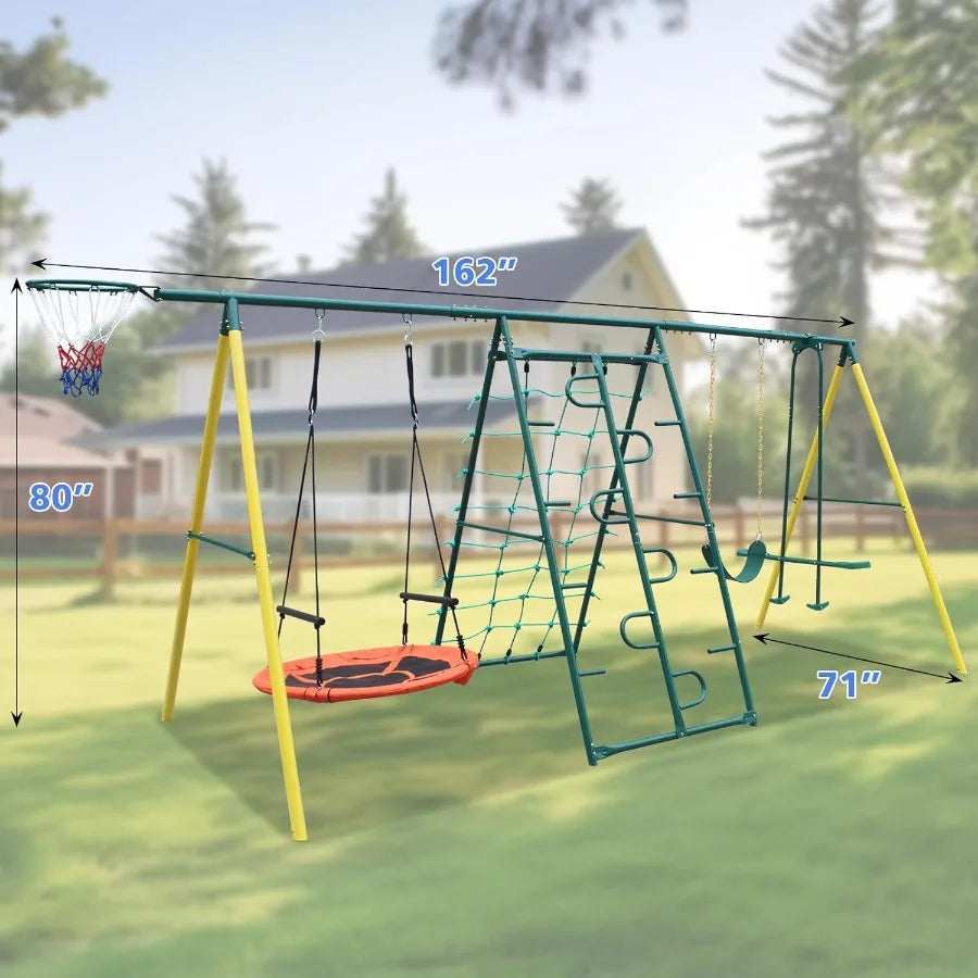 6 in 1 Heavy Duty Swing Set for Backyard Outdoor Play with Saucer Swing Climbing Frame and Net Glider Belt Swings Basketball Ri