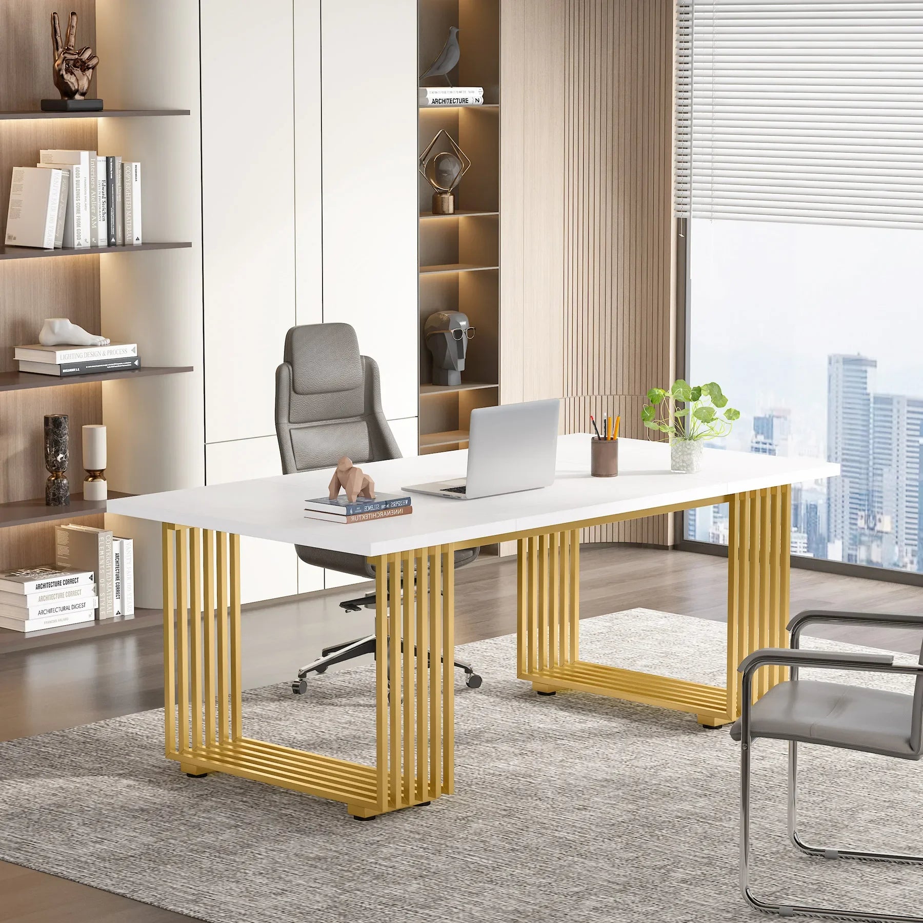 Modern Office Desk, 70.9" Wooden Computer Desk,Executive Desk with Gold Metal Legs, Large Workstation Home Office