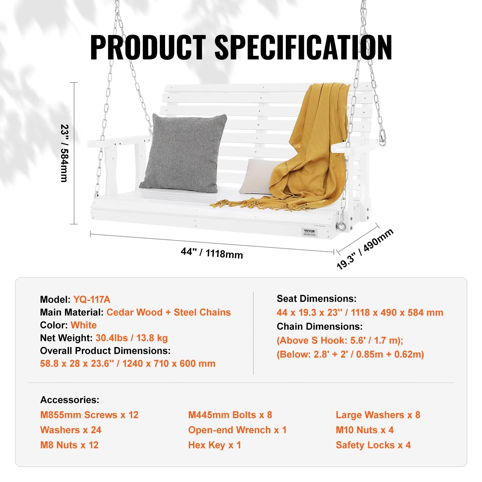 Wooden Porch Swing 5 ft Patio bench swing for Courtyard Garden Upgraded 880 lbs Strong Load Capacity Swing Chair Bench