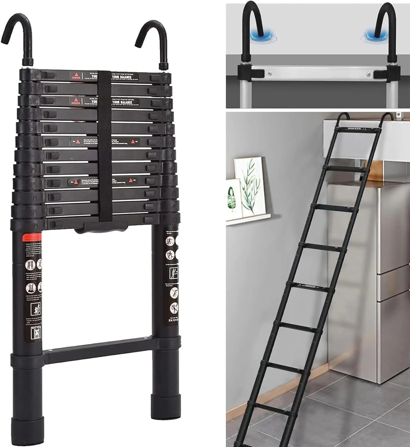 3.2–6.2M Telescopic Ladder with Roof Hook Kit – Heavy-Duty Aluminum Multi-Purpose Folding Extension Ladder for Loft, Roof & Home Use