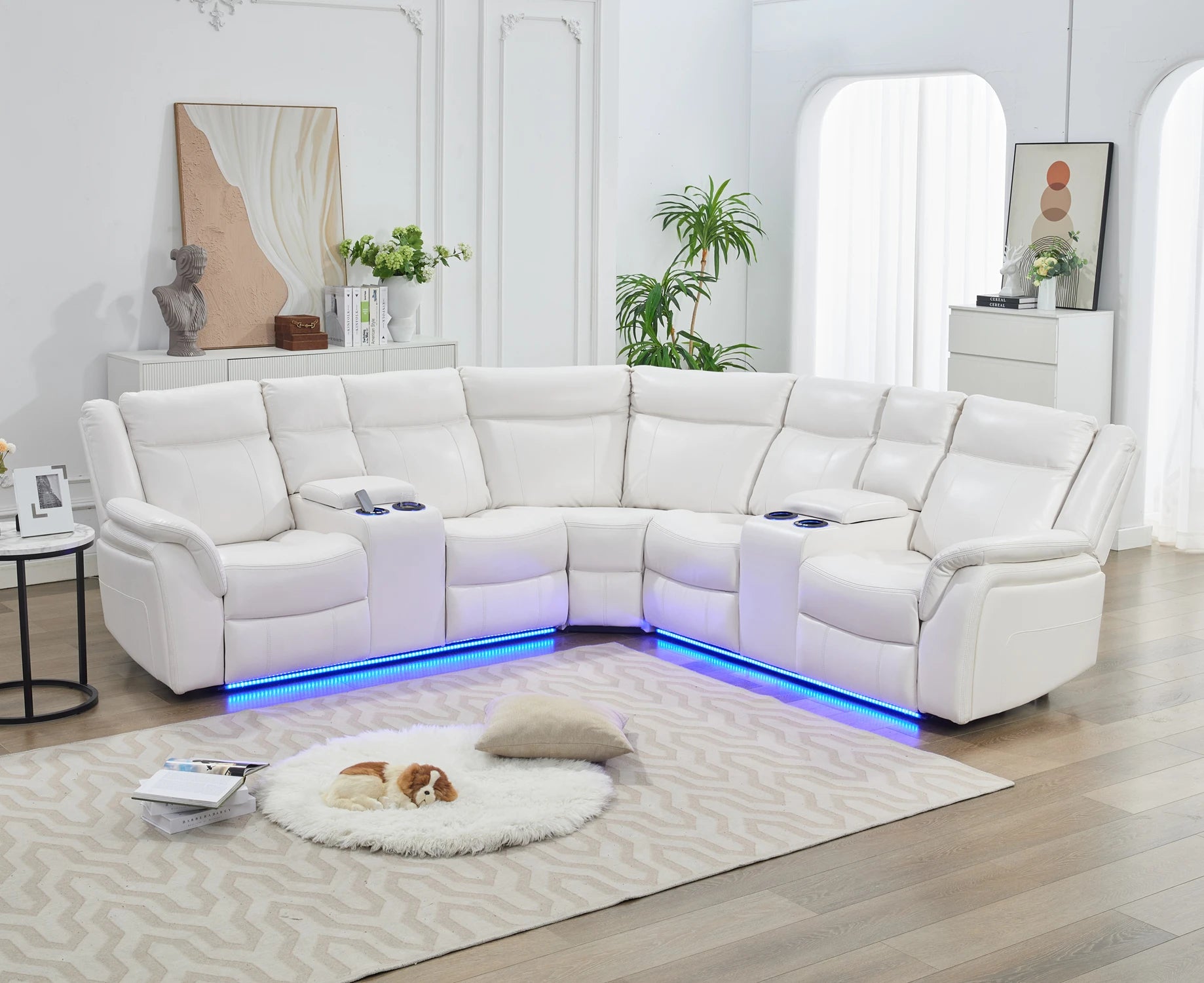 Power Recliner Sectional Sofa with LED Lights, USB, Cup Holders Storage Console Faux Leather Wall Hugger Living Room Couch
