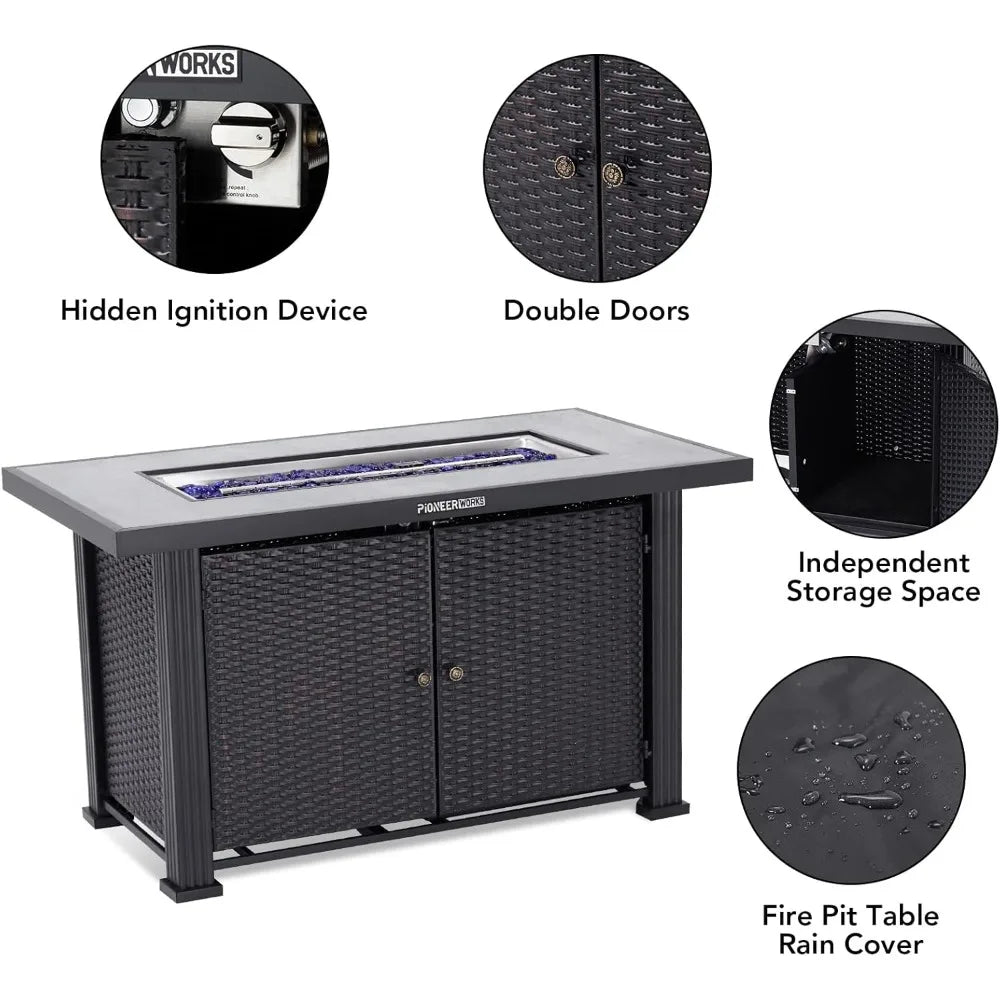 44 Inch Propane Outdoor Fire Pit Table, 50000BTU Rectangle Double Door Fire Table with Cover & Rain Cover, Add Warmth