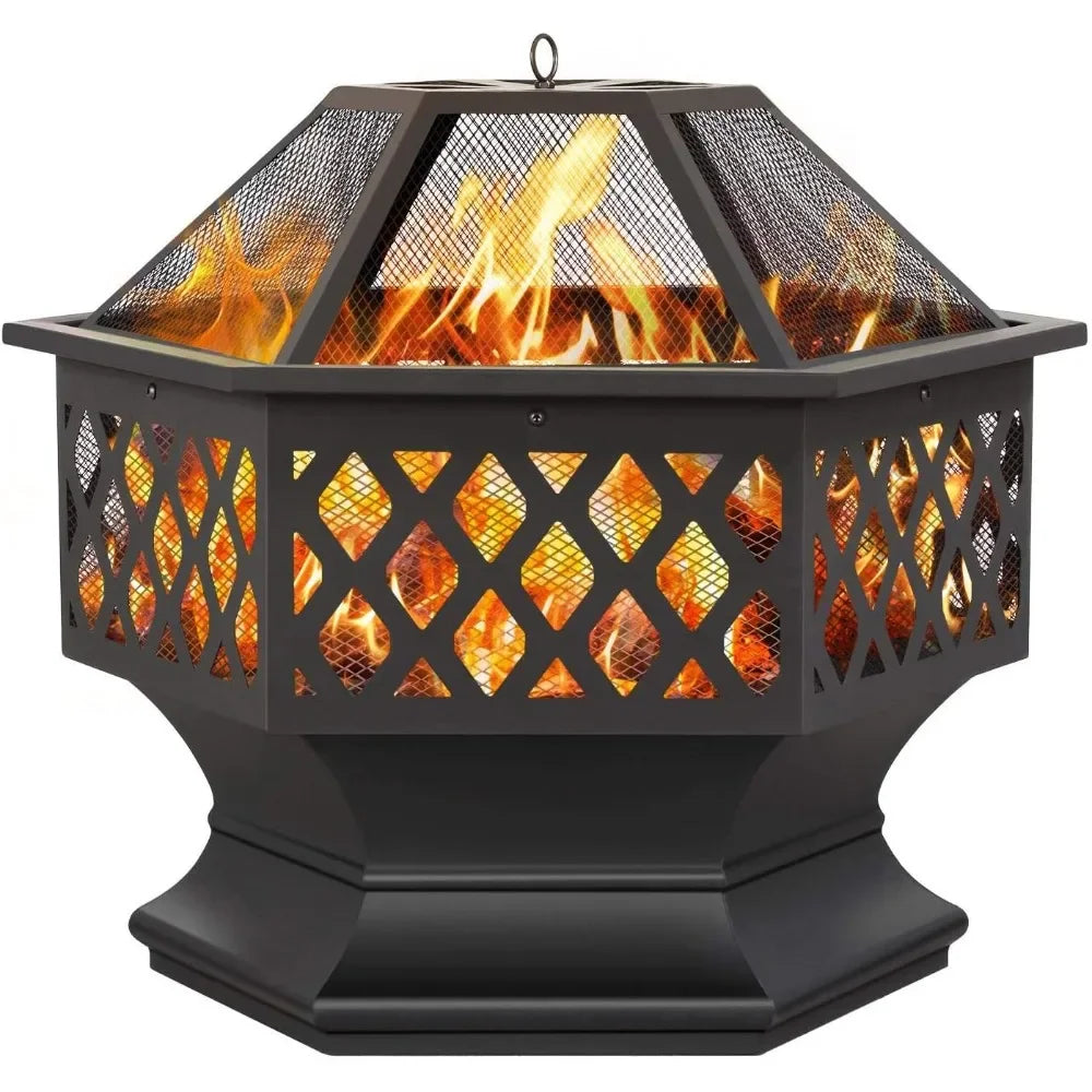 Fire Pit Fire Pits for Outside 24in Hex Shaped Firepit Bowl with Spark Screen & Poker for Patio Backyard Garden Picnic
