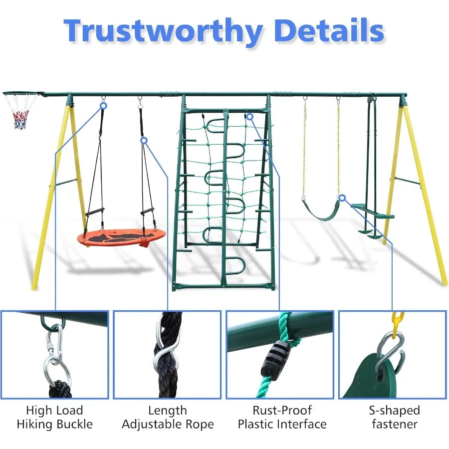 6 in 1 Heavy Duty Swing Set for Backyard Outdoor Play with Saucer Swing Climbing Frame and Net Glider Belt Swings Basketball Ri