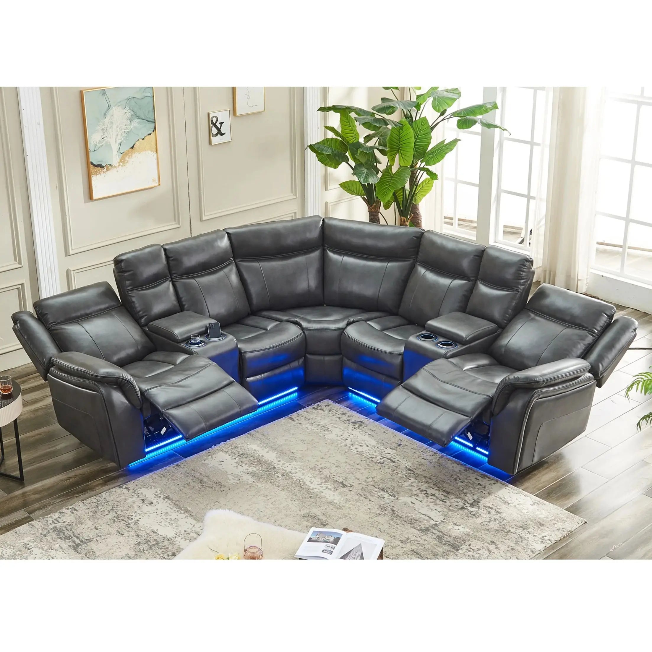 Power Recliner Sectional Sofa with LED Lights, USB, Cup Holders Storage Console Faux Leather Wall Hugger Living Room Couch
