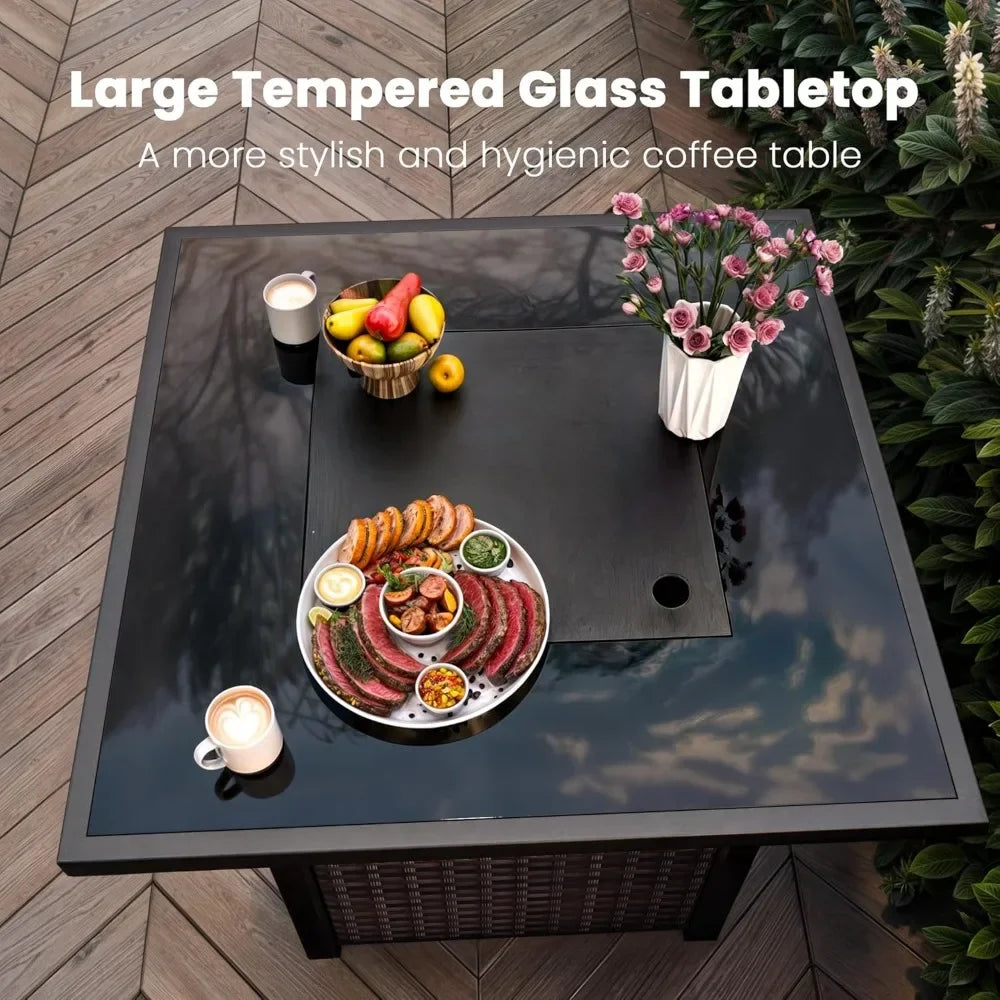 Propane Outdoor Fire Pit Table, 28" Rattan Square Fire Pit Table, Outdoor Gas FirePit W/Glass Wind Guard,Tempered Glass Tabletop