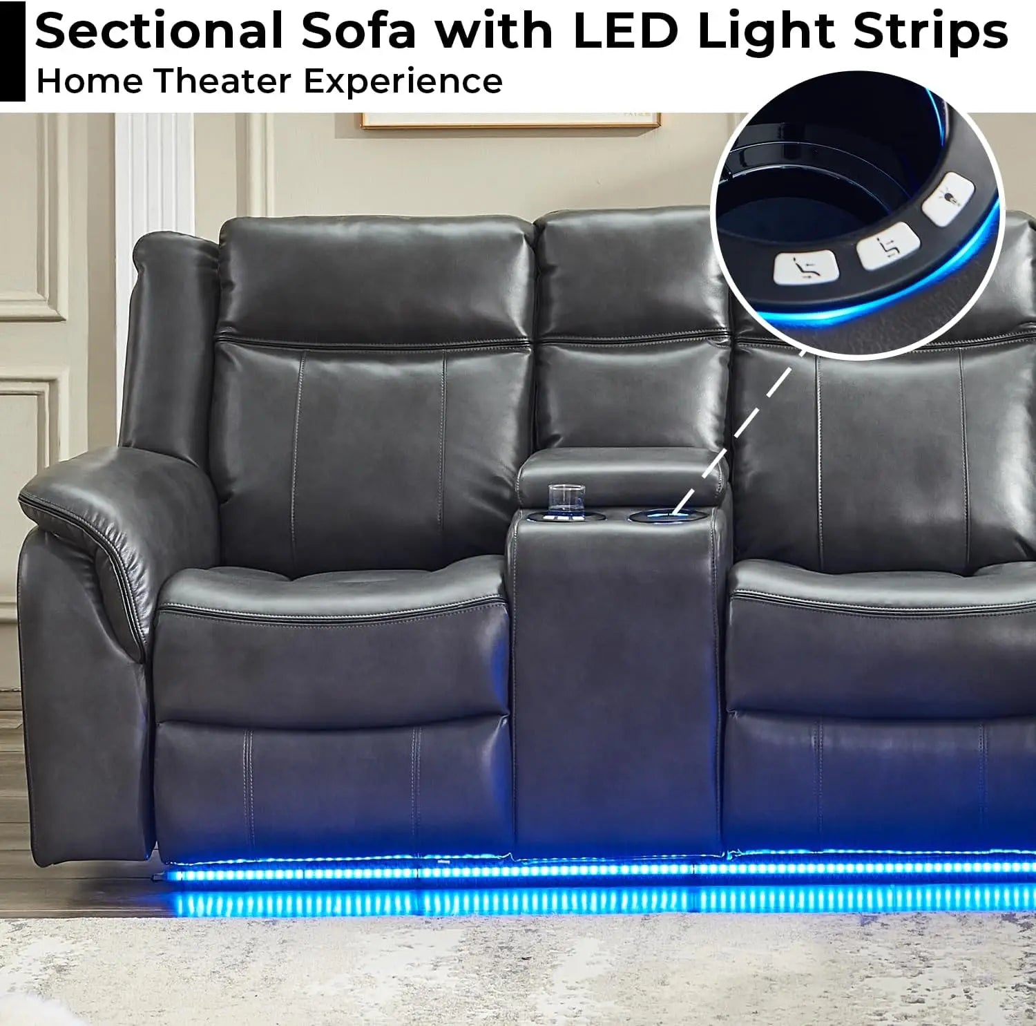 Power Recliner Sectional Sofa with LED Lights, USB, Cup Holders Storage Console Faux Leather Wall Hugger Living Room Couch