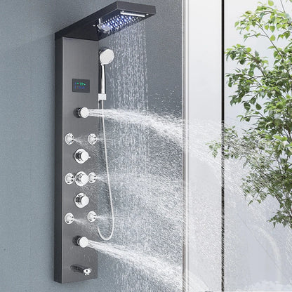 LED Shower Panel Tower System with Rainfall & Waterfall, Hydroelectric LCD Display, Body Massage Jets & Thermostatic Faucet – Black Stainless Steel