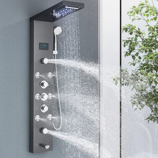 LED Shower Panel Tower System with Rainfall & Waterfall, Hydroelectric LCD Display, Body Massage Jets & Thermostatic Faucet – Black Stainless Steel