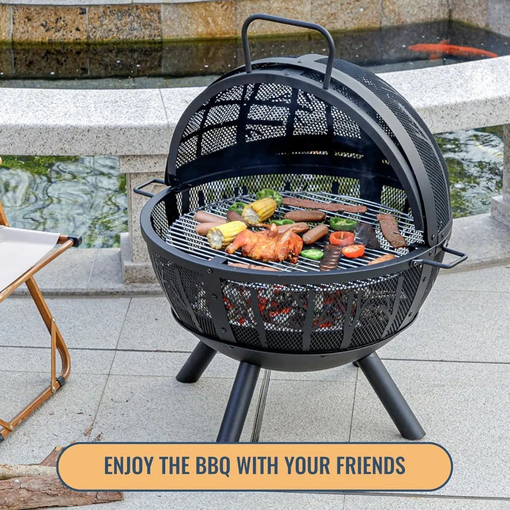 Heavy Duty 35 Inch Outdoor Wood Burning Fire Pit with BBQ Grill, Spark Screen, and Removable Ash Pan for Backyard Entertainment