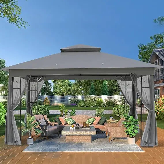 10x12 Outdoor Gazebo Tent with Netting, Double Roof Patio Gazebo with Soft Fabric Top, Outdoor Pavilion for Backyard Patio Garde