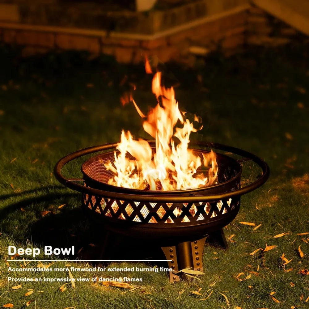 outdoor 32" round metal fire pit table with grill and lidded wood burning patio heater