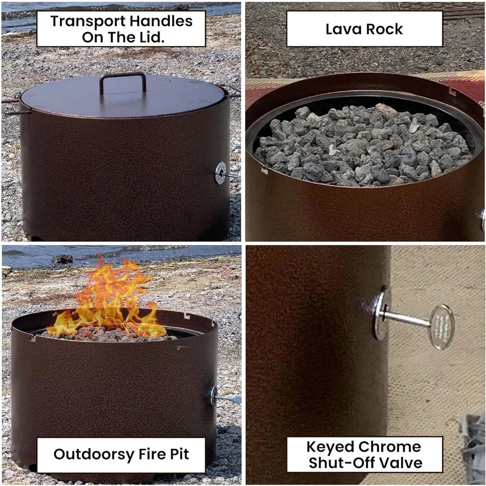 "20" Heavy-Duty Propane Fire Pit - Solid Steel with Lid, Portable for Camping & Outdoor Recreation"