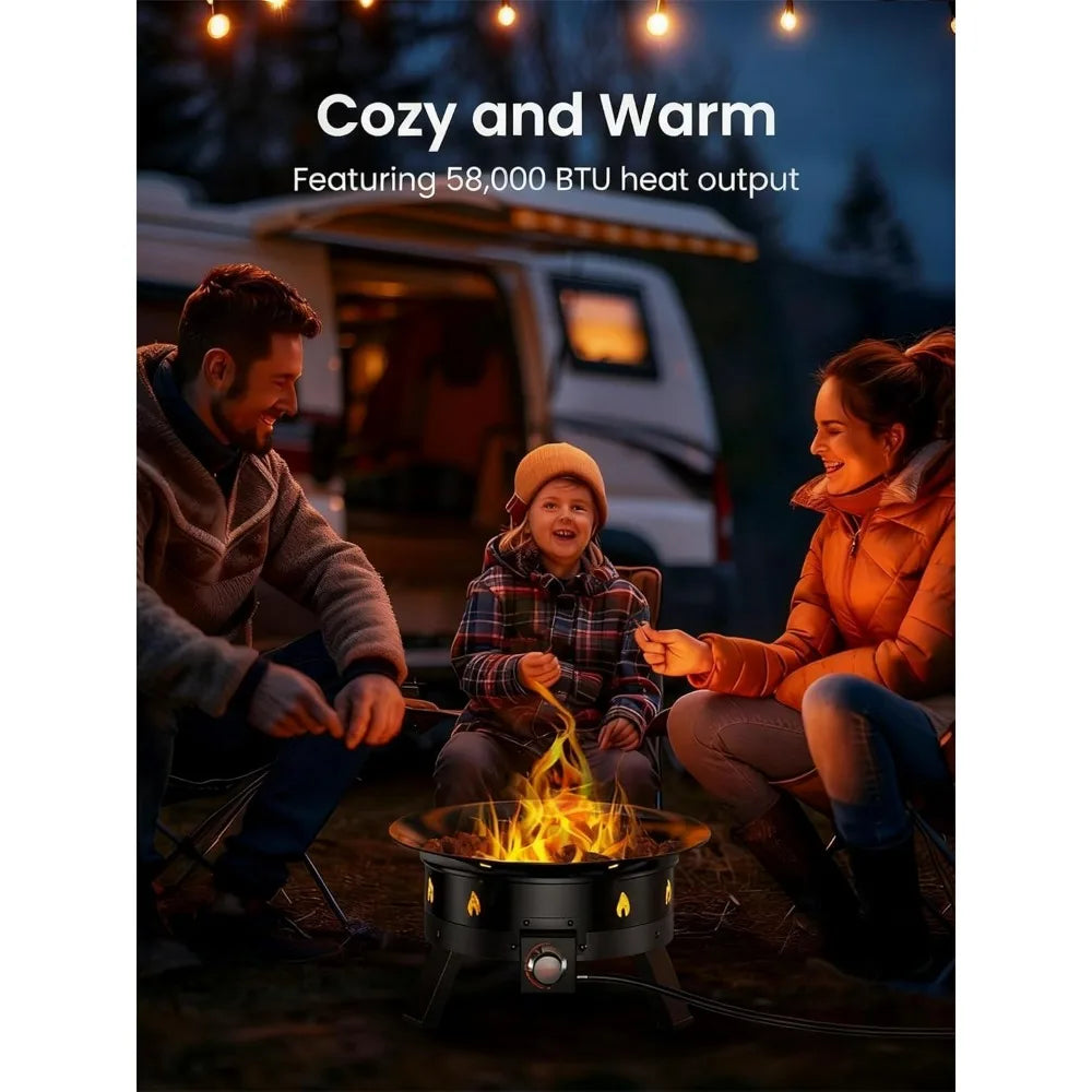 19 Inch Propane Fire Pit with Grill, Folding Legs, Hose Hooks, Tank Holder, Cover, and Carry Bag