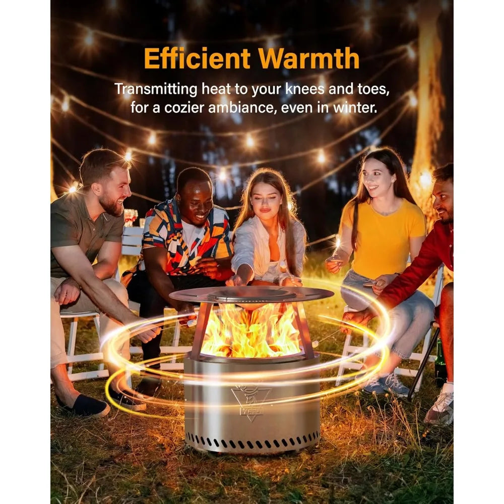 Portable outdoor fire pit with removable ash pan - 304 stainless steel, smokeless, 15" silver