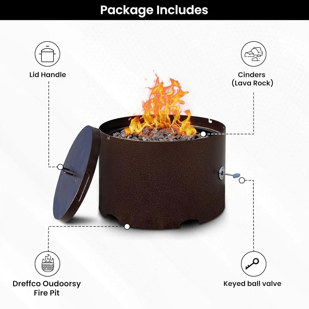 "20" Heavy-Duty Propane Fire Pit - Solid Steel with Lid, Portable for Camping & Outdoor Recreation"