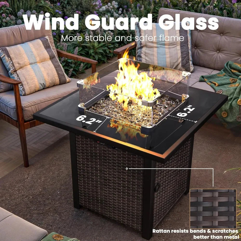 Propane Outdoor Fire Pit Table, 28" Rattan Square Fire Pit Table, Outdoor Gas FirePit W/Glass Wind Guard,Tempered Glass Tabletop