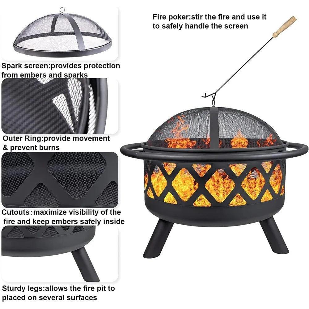 round outdoor 30" wood-burning fire pit with spark screen, log grate, and poker