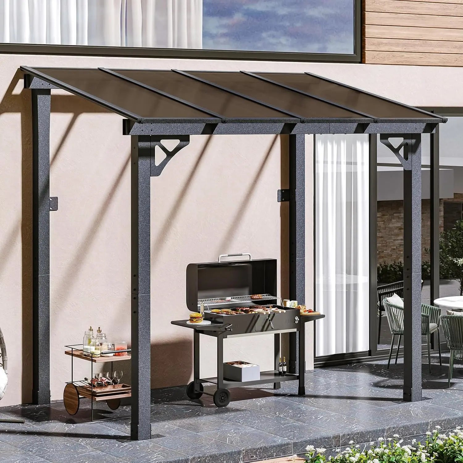 8' x 5' Gazebo for Patio, Gazebo Pergola with Sloped Roof, Grill Gazebo Large Wall-Mounted Heavy Duty Awnings, Deck, Patio