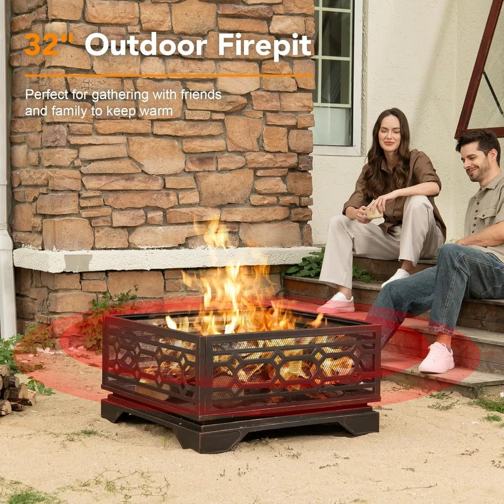 Outdoor Fire Pit, 32 Inch Wood Burning Firepit for Outside with Mesh Cover & Fire Poker, Large Square Metal Fireplace for Patio,