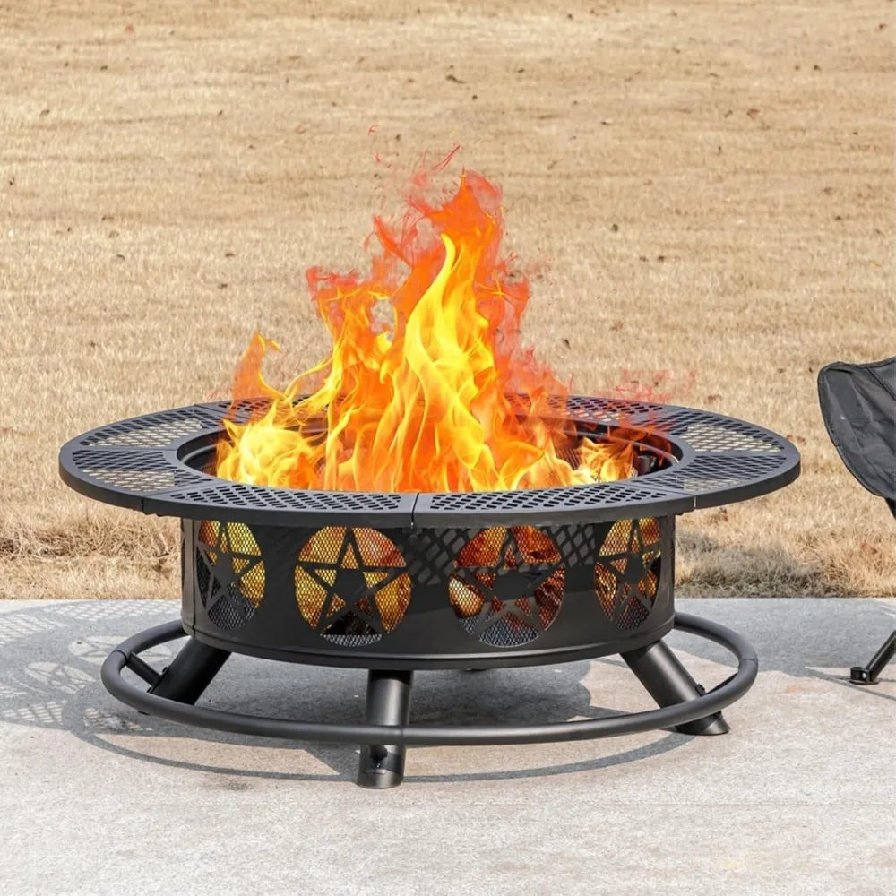 Fire Pit with Grills, Wood Burning Fire Pits for Outside with Lid & Poker, BBQ& Outdoor Firepit & Round Metal Table 3 in 1