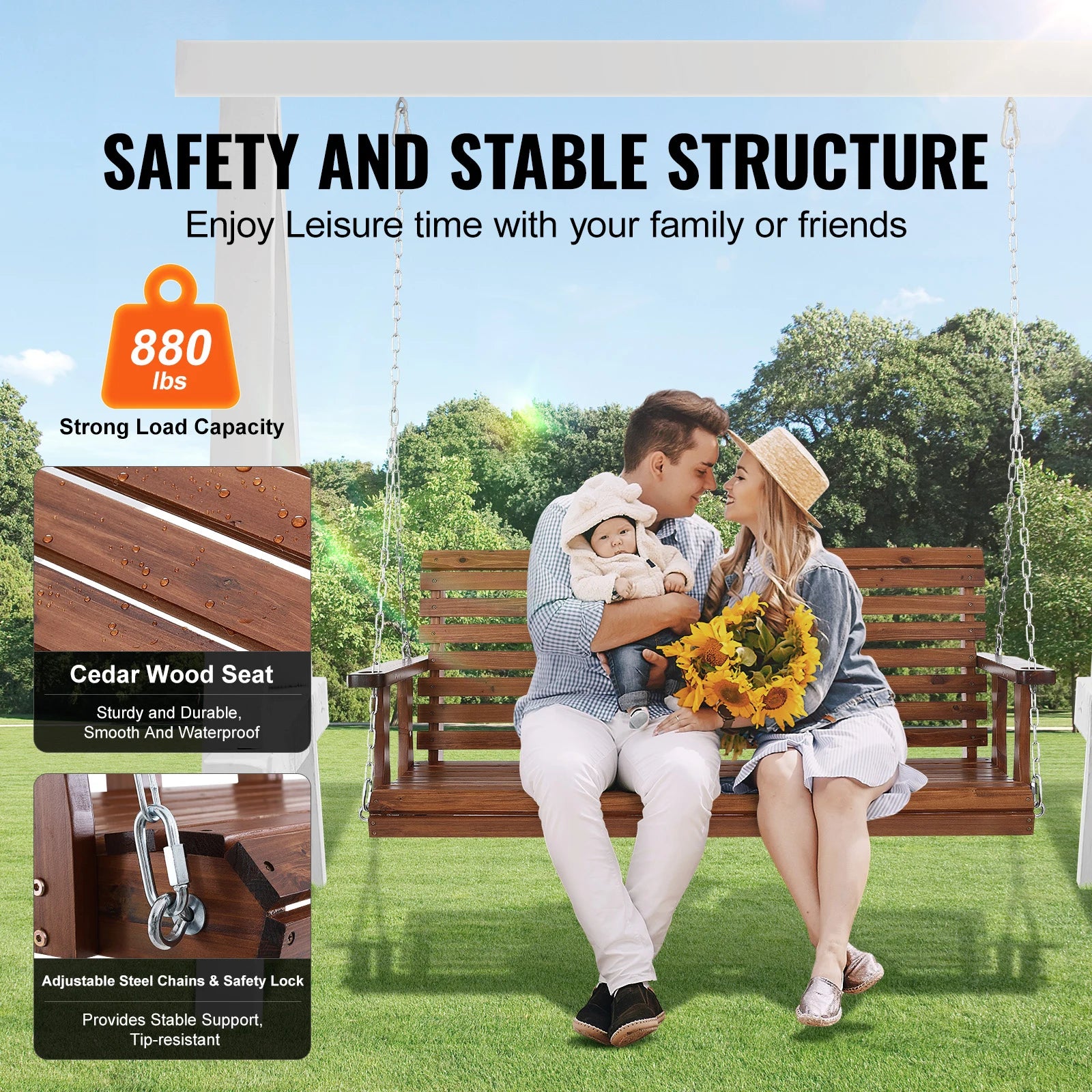 Wooden Porch Swing 5 ft Patio bench swing for Courtyard Garden Upgraded 880 lbs Strong Load Capacity Swing Chair Bench