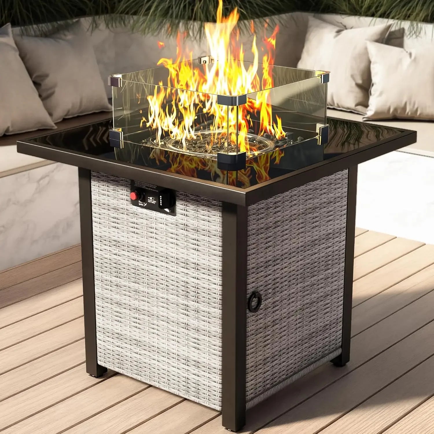 Propane Outdoor Fire Pit Table, 28" Rattan Square Fire Pit Table, Outdoor Gas FirePit W/Glass Wind Guard,Tempered Glass Tabletop