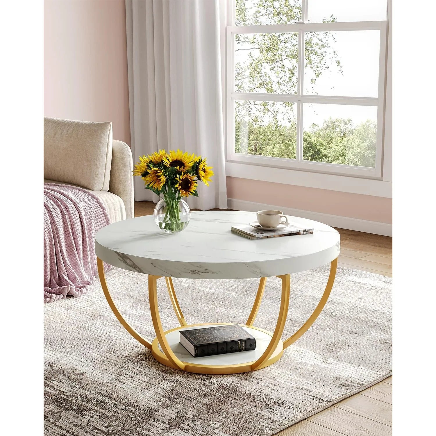 32" Circle Marble Coffee Tables, 2-Tier Golden Metal Legs Accent Center Table with Open Storage Modern Design Home Furniture