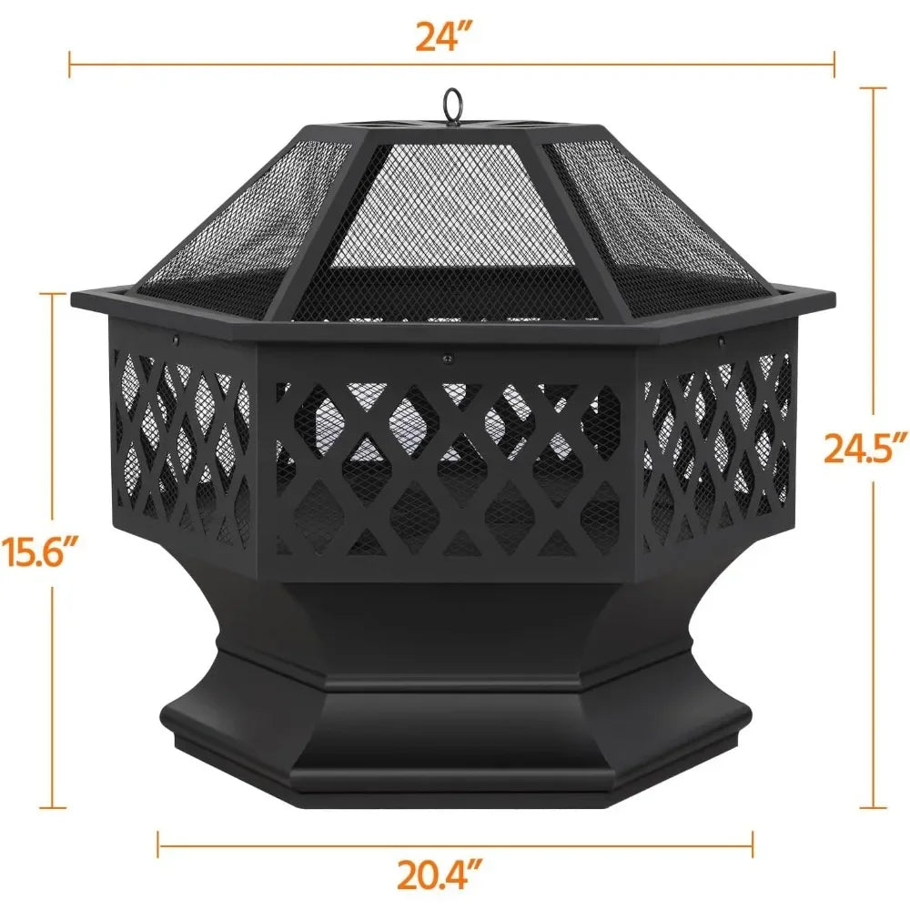 Fire Pit Fire Pits for Outside 24in Hex Shaped Firepit Bowl with Spark Screen & Poker for Patio Backyard Garden Picnic