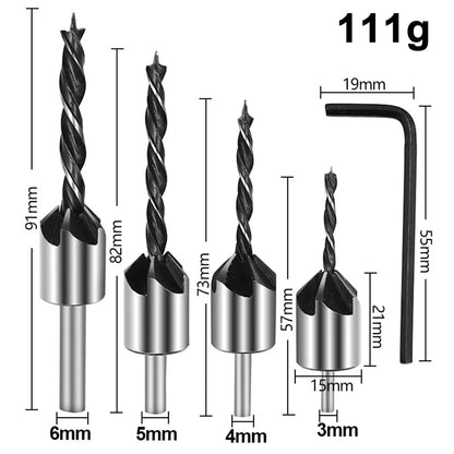 4PC Three-Pointed Woodworking Counterbore Drill Set – 3mm to 6mm High Carbon Steel Reaming & Chamfering Hole Opener Bits
