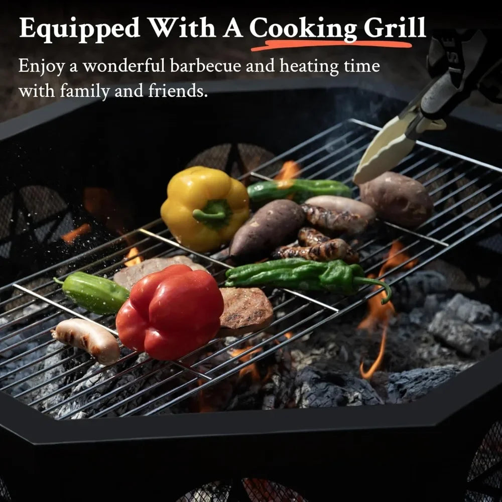 35 Inch Octagonal Fire Pit with Cooking Grill,Outdoor Wood Burning Fire Pit for Camping Outside Picnic Bonfire,