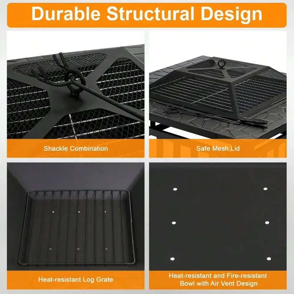 32" Square Metal Fire Pit Outdoor Patio Garden Backyard Stove Firepit Brazier