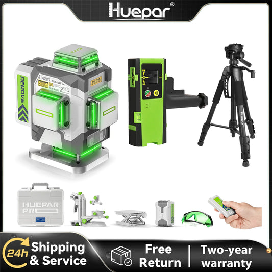Huepar ZK04CG 4D Laser Level Set – ±2mm/10m Accuracy, Self-Leveling Cross Line Tool with Tripod, Receiver & Rangefinder