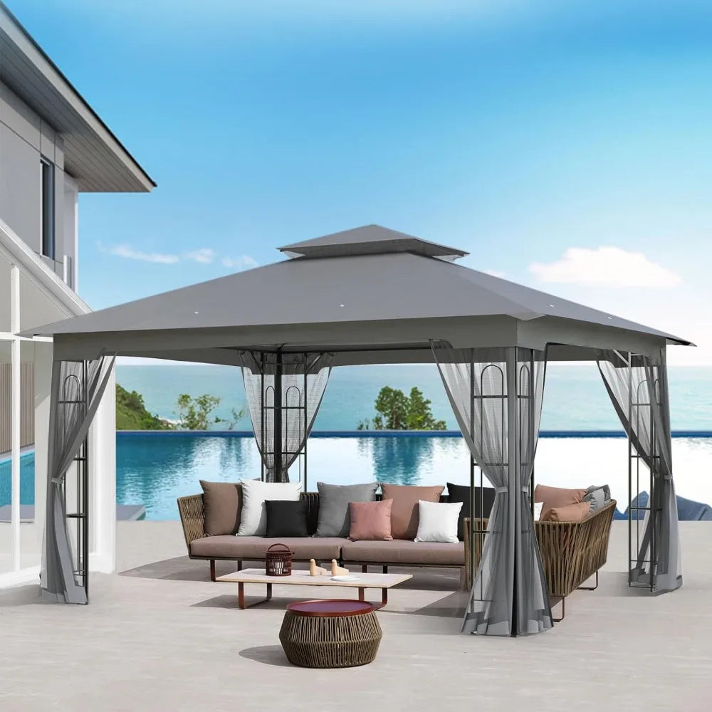 10x12 Outdoor Gazebo Tent with Netting, Double Roof Patio Gazebo with Soft Fabric Top, Outdoor Pavilion for Backyard Patio Garde