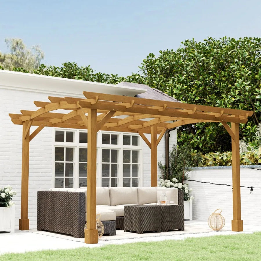10' x 12' Wood Pergola Outdoor Gazebo Grape Trellis with Arched Roof for Climbing Plant Support Dark Brown