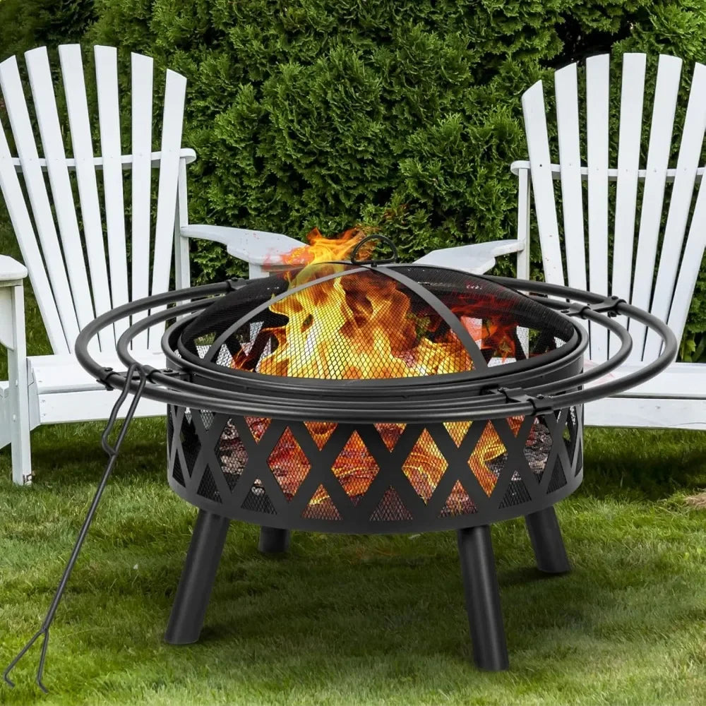 36 Inch Wood Burning Fire Pit with 2 Loops, Outdoor Fire Pit with Spark Screen & Fire Poker, Cross Weave Firepit