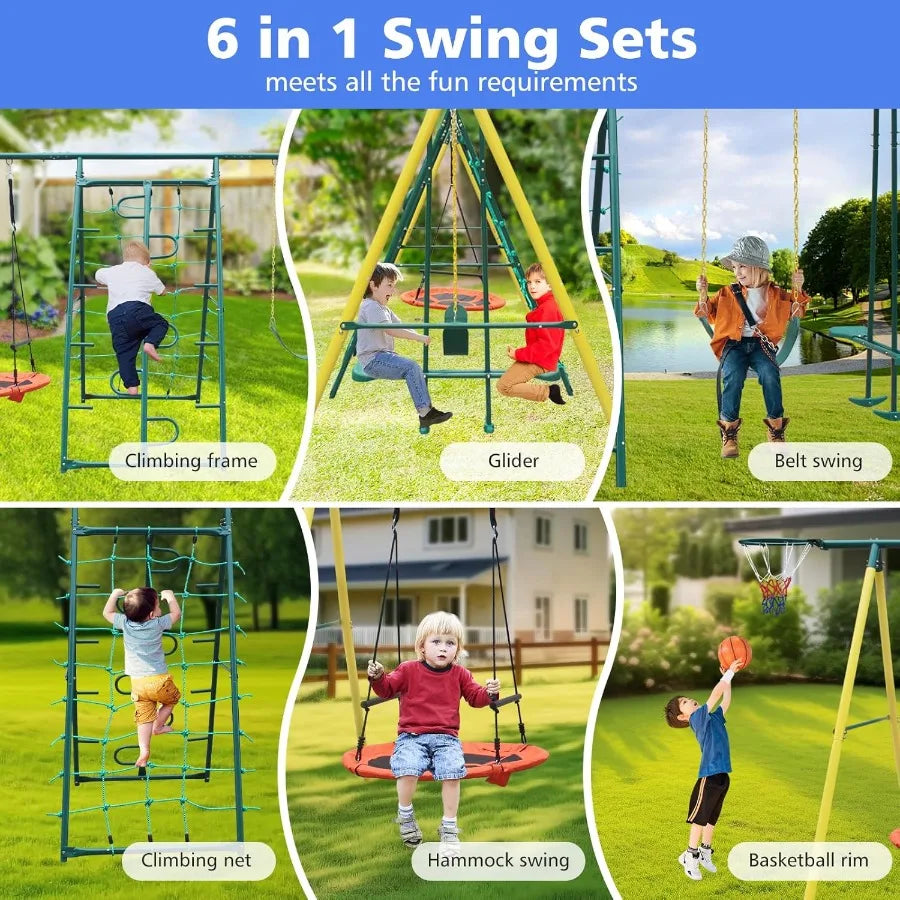 6 in 1 Heavy Duty Swing Set for Backyard Outdoor Play with Saucer Swing Climbing Frame and Net Glider Belt Swings Basketball Ri
