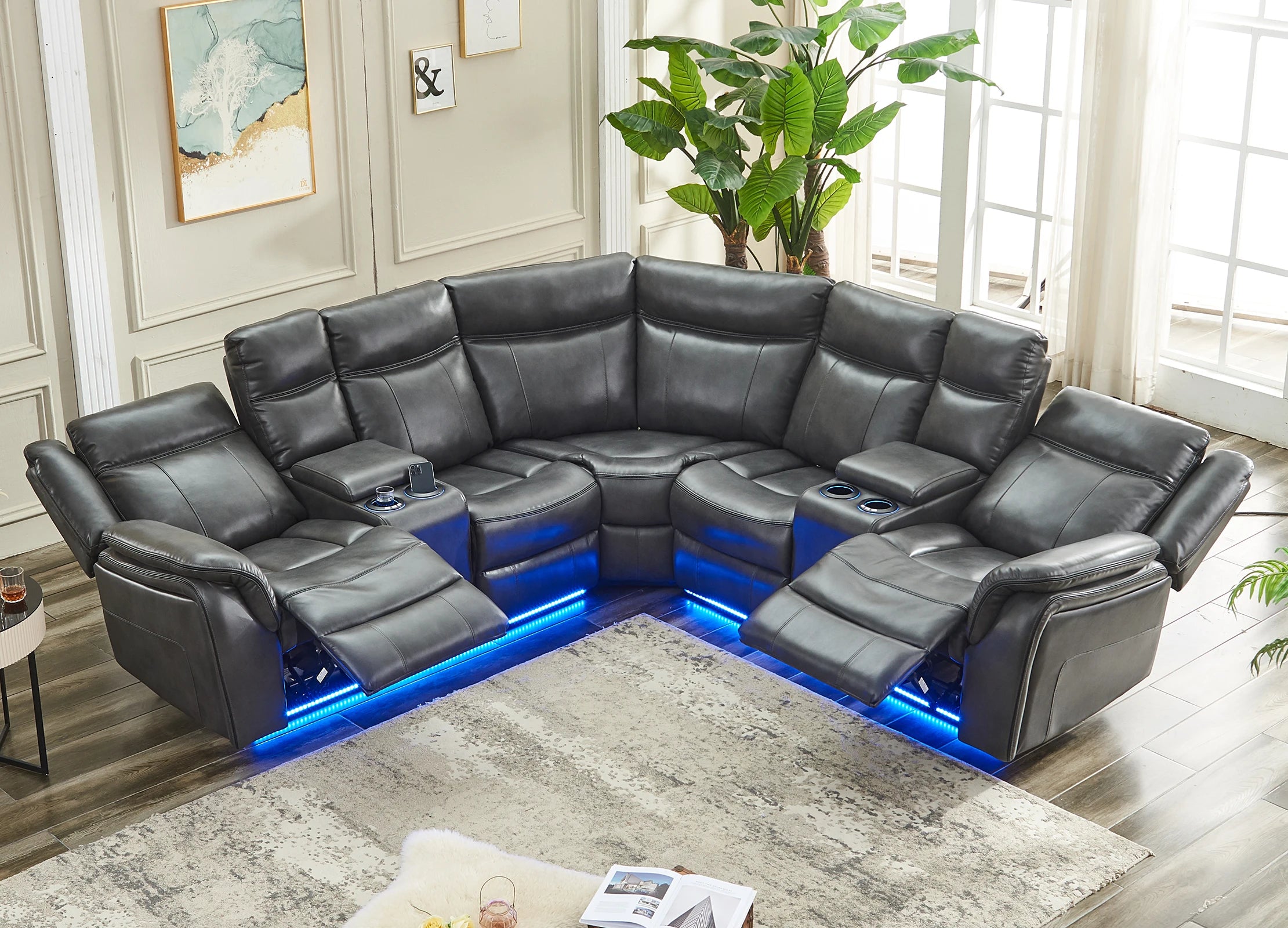Power Recliner Sectional Sofa with LED Lights, USB, Cup Holders Storage Console Faux Leather Wall Hugger Living Room Couch