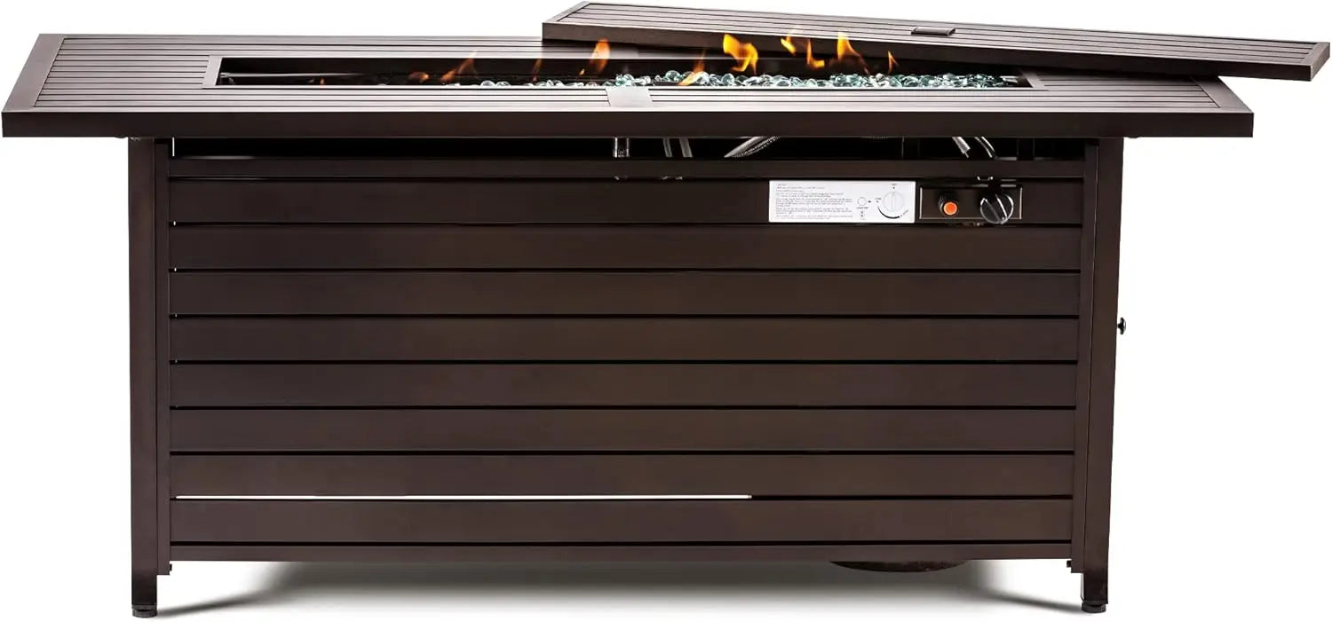 57 inch Gas Fire Pit Table Outdoor Propane Fire Pit Table, 50000BTU Fire Table with Lid, Retangular Bronze Firepit Table