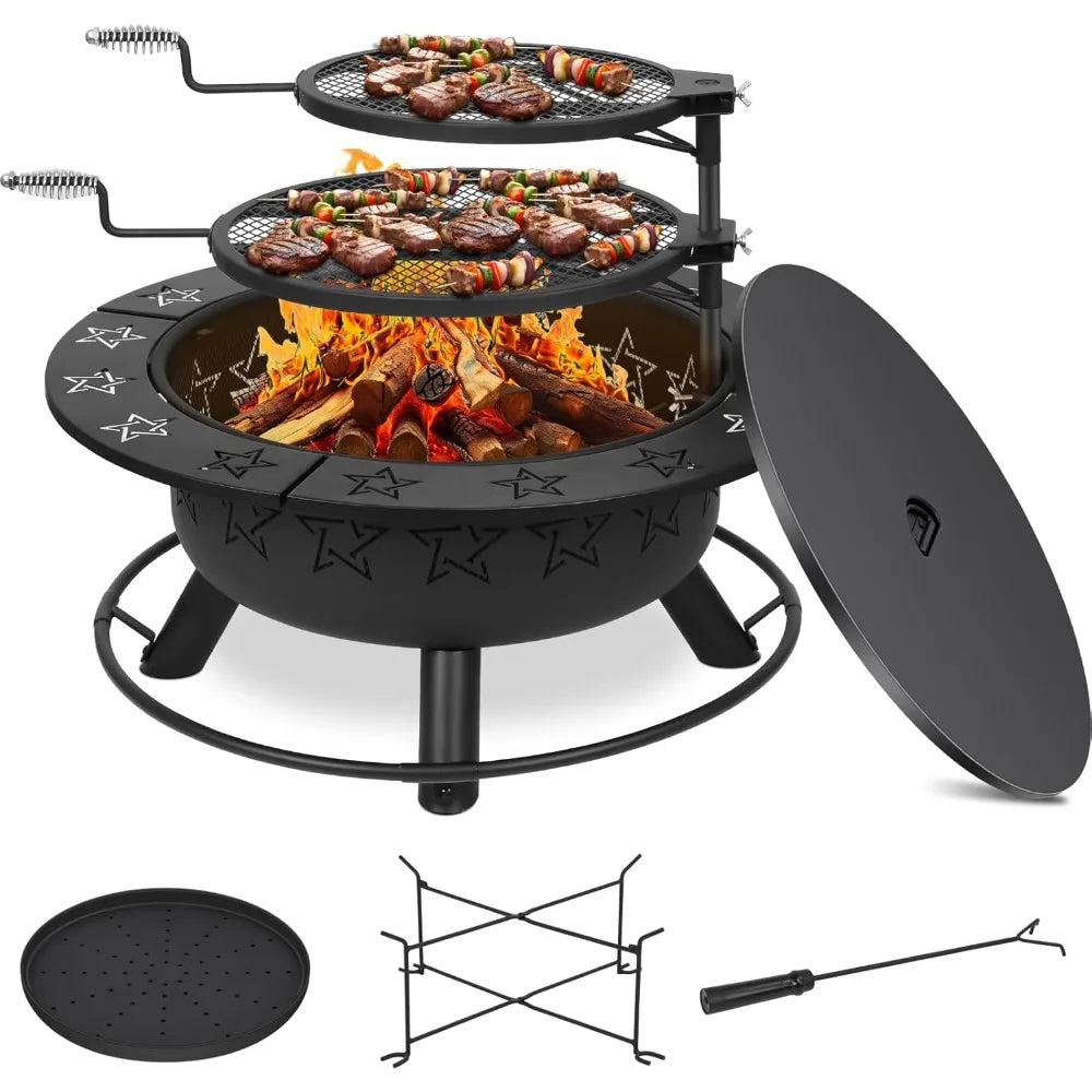 32.5" 3-in-1 Fire Pit Table with Dual Grills – Wood Burning Firepit for Outside Cooking,BBQ Grate & Round Patio Table – Includes