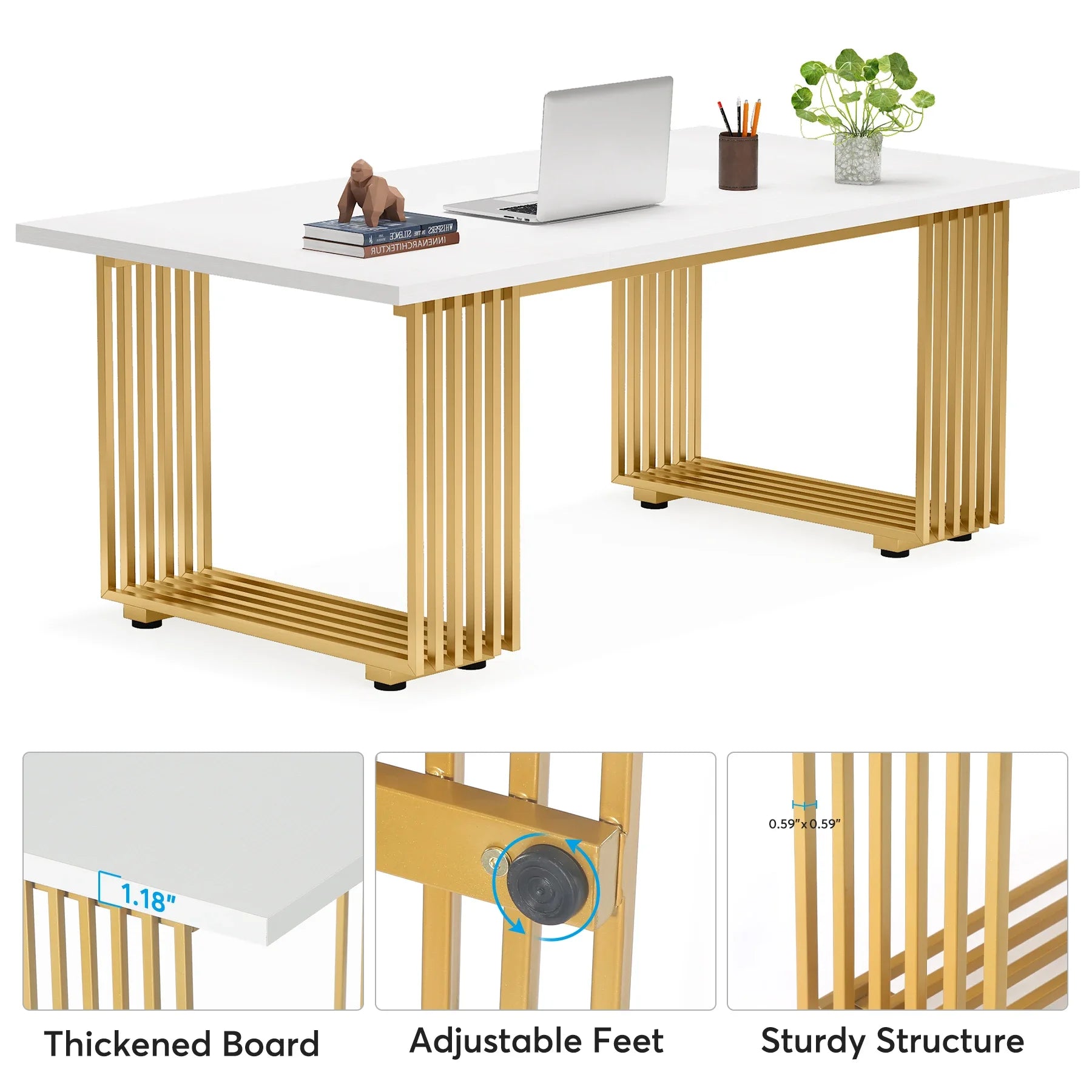 Modern Office Desk, 70.9" Wooden Computer Desk,Executive Desk with Gold Metal Legs, Large Workstation Home Office