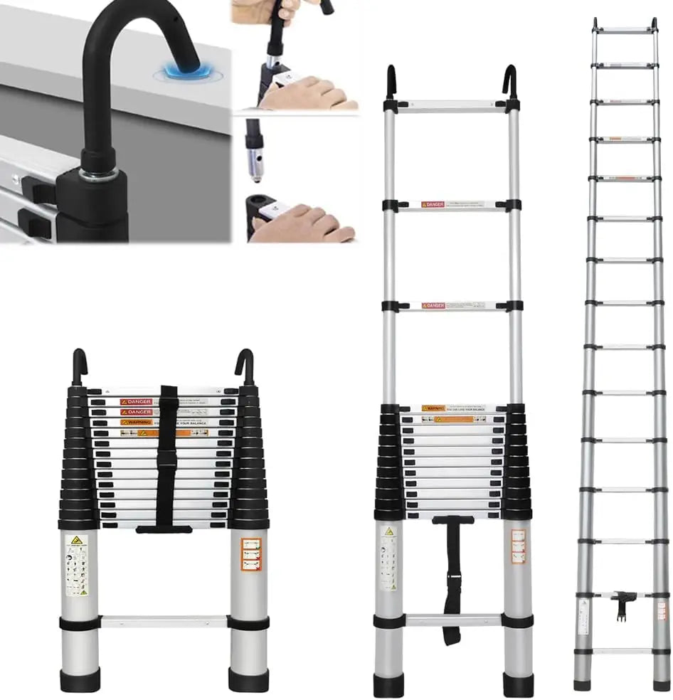 3.2–6.2M Telescopic Ladder with Roof Hook Kit – Heavy-Duty Aluminum Multi-Purpose Folding Extension Ladder for Loft, Roof & Home Use