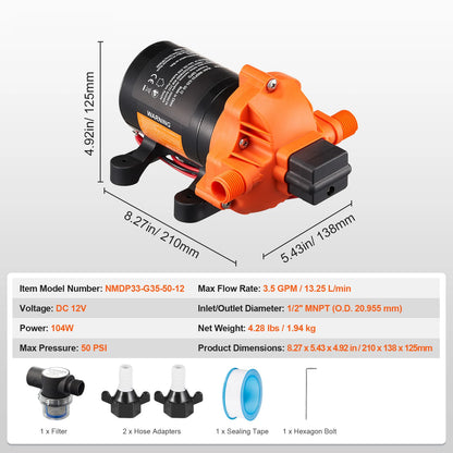 Diaphragm Water Pump 12V  – 1.8 to 5.0 GPM | 40–100 PSI Adjustable | RV, Boat, Food Truck Use