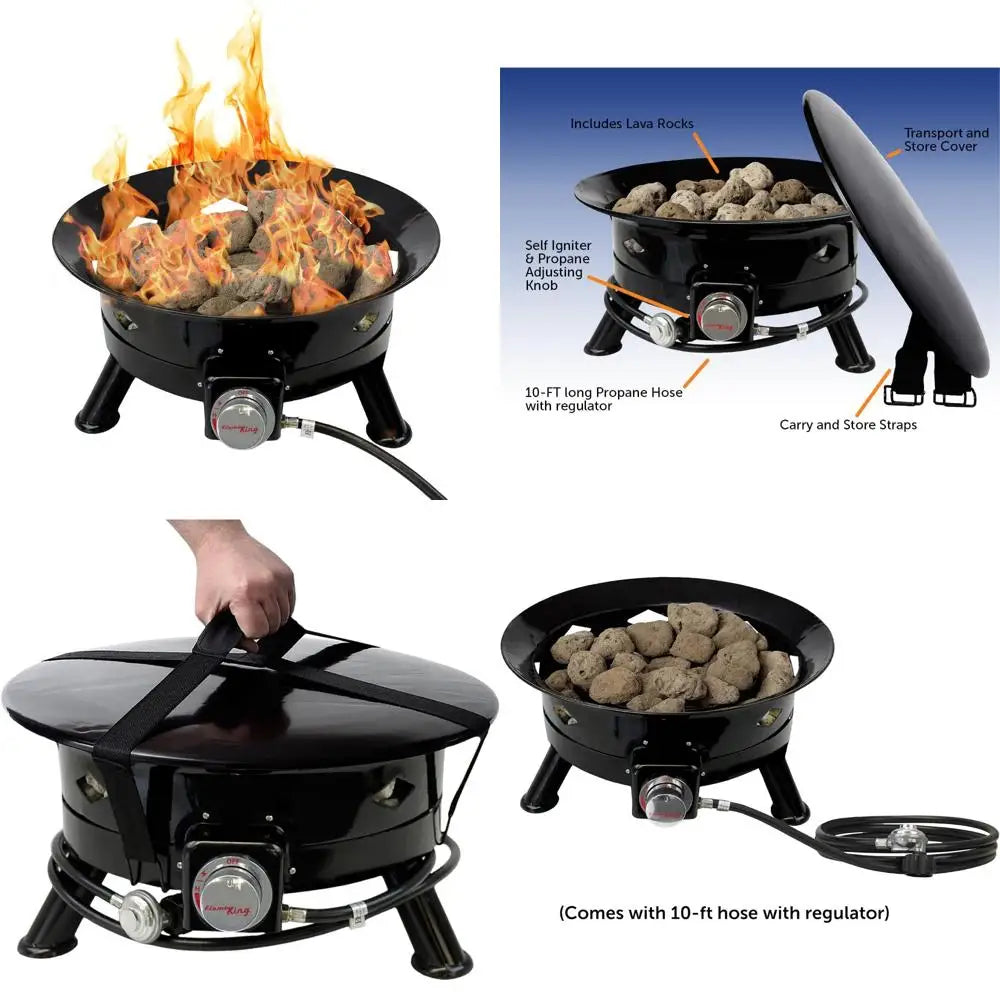 Portable 24-inch Flame King Propane Fire Pit with 58K BTU, Self Igniter, Cover, and Carry Straps for Outdoor Adventures